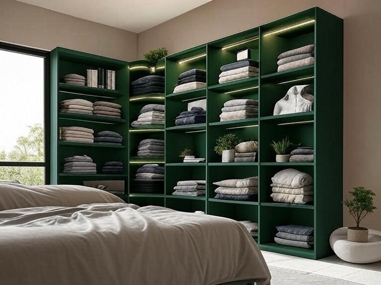 Modular wall shelves in dark green with integrated LED lights, holding decor and essentials in a bedroom corner