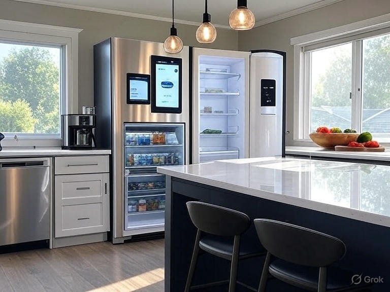 A kitchen island with smart fridge door open showing organized shelves and digital screen listing grocery suggestions, nearby counter with voice hub connected to overhead lights and coffee maker, window with automated shades, fresh vegetables in bowl, conveying a bright midday scene with clean lines.